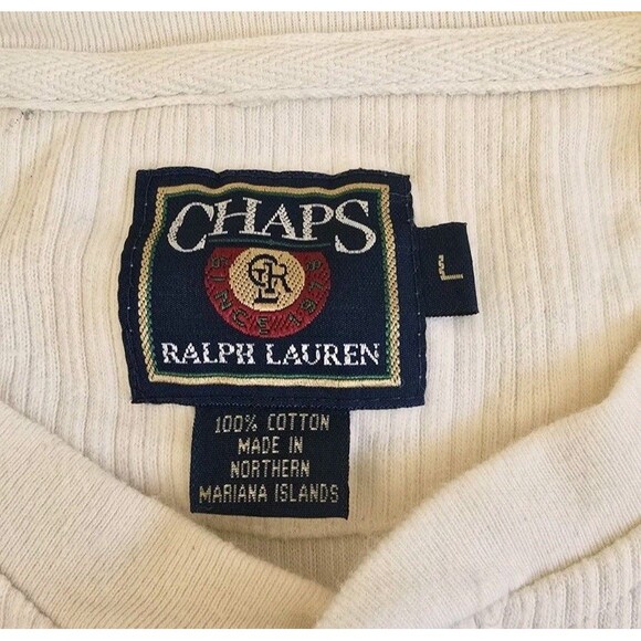 Vintage Chaps Ralph Lauren Cotton Sweatshirt Men Size L Ivory Ribbed Henley 90s - Picture 2 of 11